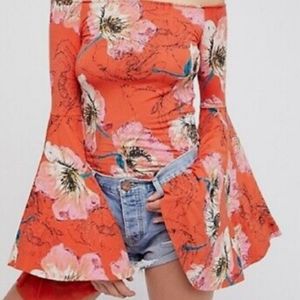Free People Birds of Paradise Floral Off the Shoulder Bell Sleeve Top Blouse. M